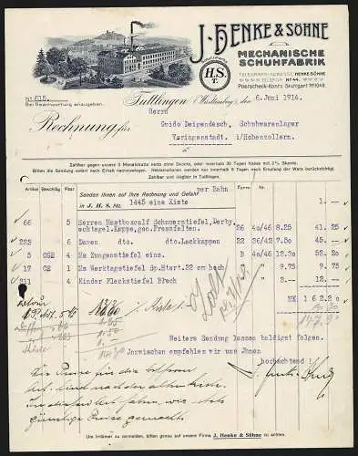 Rechnung Tuttlingen (Württemberg) 1914, H. Henke & Söhne, Mechanische Schuhfabrik, Betriebsgelände mit nahem Denkmal