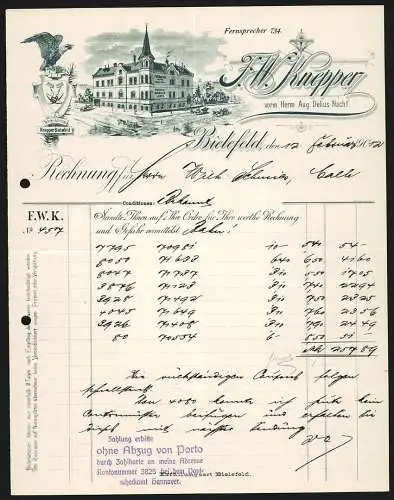 Rechnung Bielefeld 1912, F. W. Knepper, Tuch- und Buckskin-Lager, Geschäftsgelände und Firmenmarke