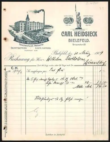 Rechnung Bielefeld 1909, Carl Heidsieck, Herren-Wäsche-Fabrik, Transportkutsche am Betriebsgelände, Preis-Medaillen