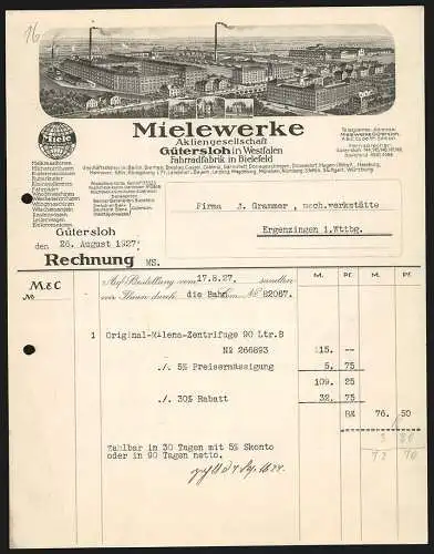 Rechnung Gütersloh in Westfalen 1927, Mielewerke AG, Hauptwerk und vier Zweigniederlassungen