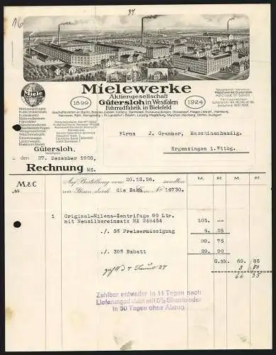 Rechnung Gütersloh in Westfalen 1926, Mielewerke AG, Hauptwerk und vier Zweigniederlassungen