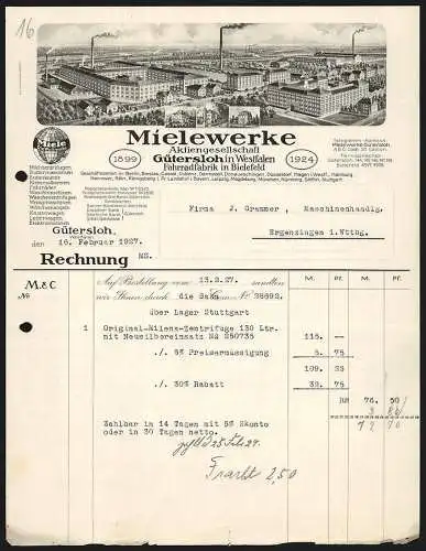 Rechnung Gütersloh in Westfalen 1927, Mielewerke AG, Hauptwerk und vier Zweigstellen