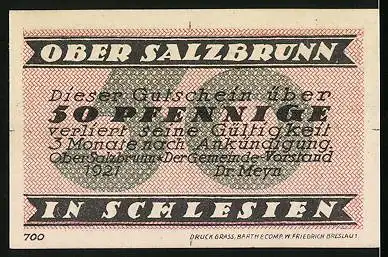 Notgeld Bad Salzbrunn 1921, 50 Pfennig, 700 Jahrfeier, Bach im Wald