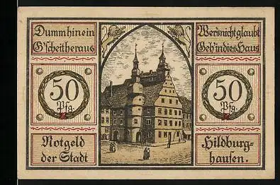 Notgeld Hildburghausen 1921, 50 Pfennig, Rathaus, Wilder Mann und Wappen