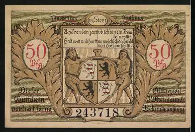Notgeld Hildburghausen 1921, 50 Pfennig, Rathaus, Wilder Mann und Wappen