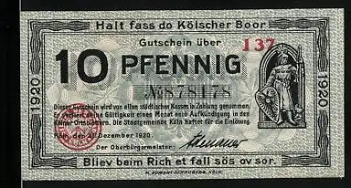 Notgeld Köln 1920, 10 Pfennig, Ritter mit Schild