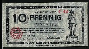 Notgeld Köln 1920, 10 Pfennig, J. v. Werth