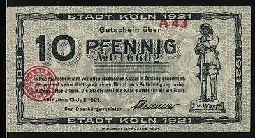 Notgeld Köln 1920, 10 Pfennig, J. v. Werth Statue