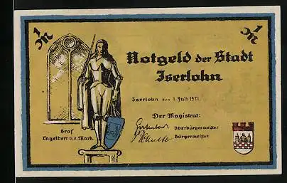 Notgeld Iserlohn 1921, 1 Mark, Graf Engelbert v. d. Mark, Moritz Schulte