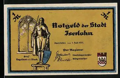 Notgeld Iserlohn 1921, 1 Mark, Graf Engelbert, Klute Wieth