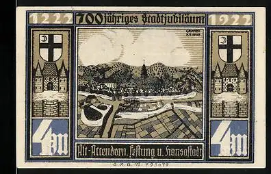 Notgeld Attendorn, 4 Mark, Festung u. Hansastadt, Pulverturm