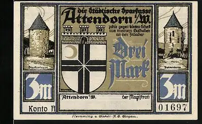 Notgeld Attendorn, 3 Mark, Brieckerturm und Pulverturm, Schloss u. Ruine Schnellenberg