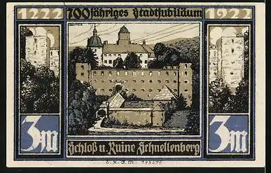Notgeld Attendorn, 3 Mark, Brieckerturm und Pulverturm, Schloss u. Ruine Schnellenberg
