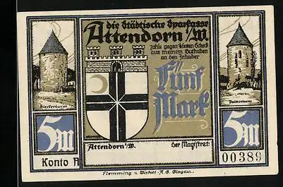 Notgeld Attendorn, 5 Mark, Stadtwappen, Türme, Trillertanz