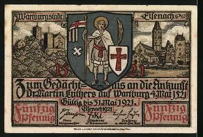 Notgeld Eisenach 1921, 50 Pfennig, Junker Jörg übersetzt, Wartburg