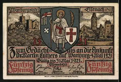 Notgeld Eisenach 1921, 50 Pfennig, Luthers Gefangennahme, Kirche