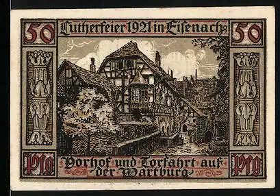 Notgeld Eisenach 1921, 50 Pfennig, Vorhof und Torfahrt der Wartburg, Stadtwappen