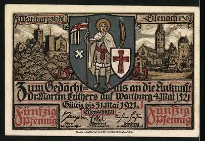 Notgeld Eisenach 1921, 50 Pfennig, Vorhof und Torfahrt der Wartburg, Stadtwappen