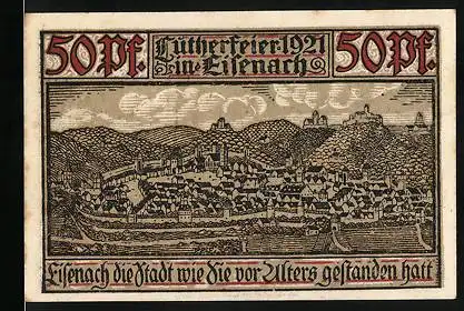 Notgeld Eisenach 1921, 50 Pfennig, Alte Stadt, Wartburg