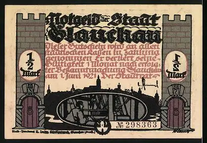 Notgeld Glauchau 1921, 50 Pfennig, Huldigung, Burgtürme