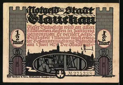 Notgeld Glauchau 1921, 50 Pfennig, Stadtwache auf dem Weg