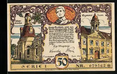 Notgeld Neuruppin 1921, 50 Pfennig, Gymnasium, Pfarrkirche