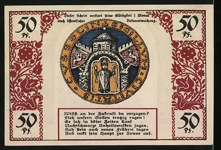 Notgeld Köslin 1921, 50 Pfennig, Kreuz, Bildnis eines Geistlichen