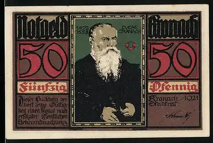 Notgeld Kronach 1921, 50 Pfennig, Lucas Cranach, Wappen