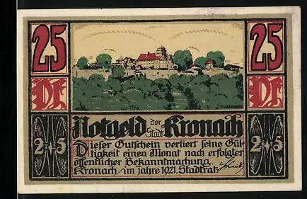 Notgeld Kronach 1921, 25 Pfennig, Ortsansicht, Wappen