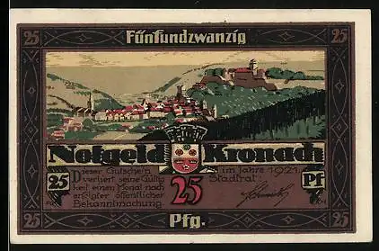 Notgeld Kronach 1921, 25 Pfennig, Ortsansicht, Stadtwappen