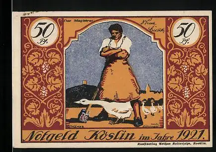 Notgeld Köslin 1921, 50 Pfennig, Schmied mit Gans