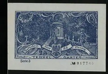 Notgeld Neuruppin 1921, 25 Pfennig, Ort nach dem Brand 1787, Tempel Garten