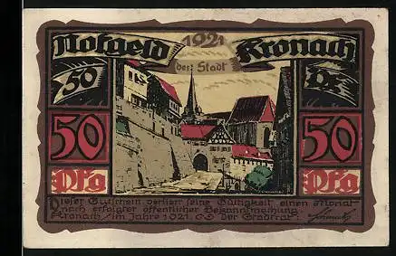 Notgeld Kronach 1921, 50 Pfennig, Strassenpartie, Wappen