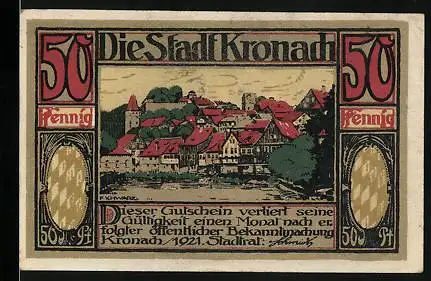 Notgeld Kronach 1921, 50 Pfennig, Ortsansicht, Männer mit Stadtwappen