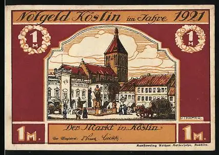 Notgeld Köslin 1921, 1 Mark, Marktplatz, Bauer und Fischer