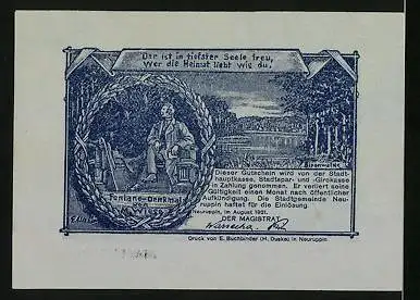 Notgeld Neuruppin 1921, 50 Pfennig, Bauer, Fontane-Denkmal