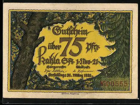 Notgeld Kahla 1921, 75 Pfennig, Durchblick vom Birkenhain auf Leuchtenburg