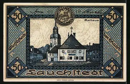 Notgeld Bad Lauchstedt 1919, 50 Pfennig, Heilquelle, Rathaus