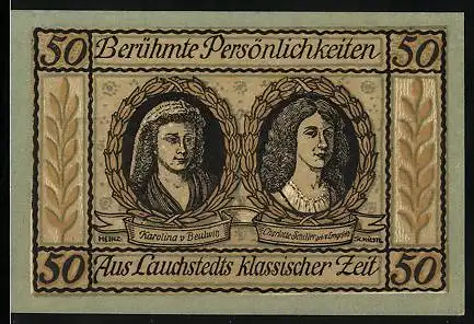 Notgeld Bad Lauchstedt 1921, 50 Pfennig, Karolina v. Beulwitz, Charlotte Schiller