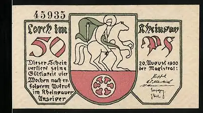 Notgeld Lorch 1920, 50 Pfennig, Stadtwappen, Wein anstossen