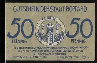 Notgeld Boppard 1920, 50 Pfennig, Dampfer vor der Stadt