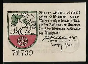 Notgeld Lorch 1920, 10 Pfennig, Stadtwappen, Adam und Eva