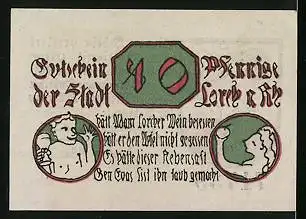 Notgeld Lorch 1920, 10 Pfennig, Stadtwappen, Adam und Eva