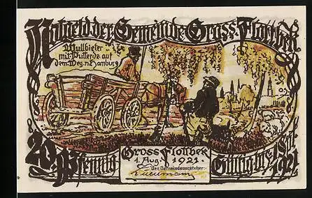 Notgeld Gross-Flottbek 1921, 20 Pfennig, Mullbieter mit Putterde, Rathaus