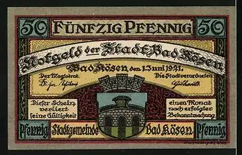 Notgeld Bad Kösen 1921, 50 Pfennig, Ortsansicht, Stadtwappen