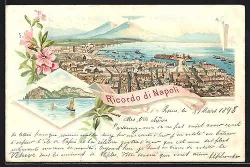 Lithographie Napoli, Panorama, Ortspartie mit Boot