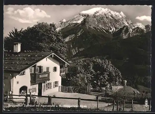 AK Ramsau /Berchtesgaden, Gasthaus Zipfhäusl, Aussenansicht mit Alpenstrasse u. Alpen