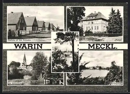 AK Warin /Meckl., Ansichten v. Siedlung a. d. Gildeacker, Postamt, Mühlenbach