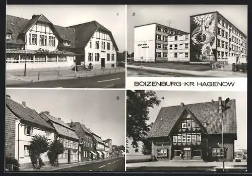 AK Boizenburg /Hagenow, Ortsansichten v. Oberschule, Hotel u. Clara-Zetkin-Strasse