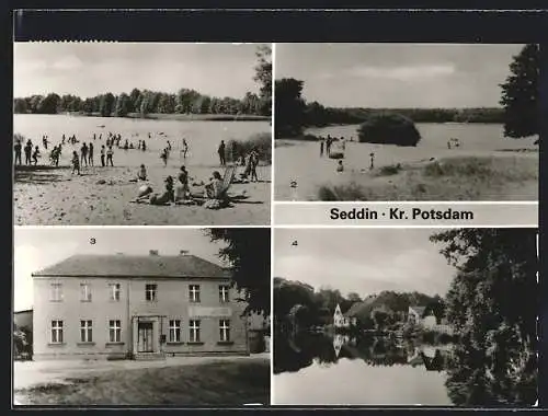 AK Seddin, Badegäste am Seddinsee, Konsum-Gaststätte Drei Linden und Blick über den kleinen Seddinsee